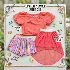 ​3pc Summer Outfit Set | Coral Boho Gauze Top, Striped Shorts & Swiss Dot Skirt